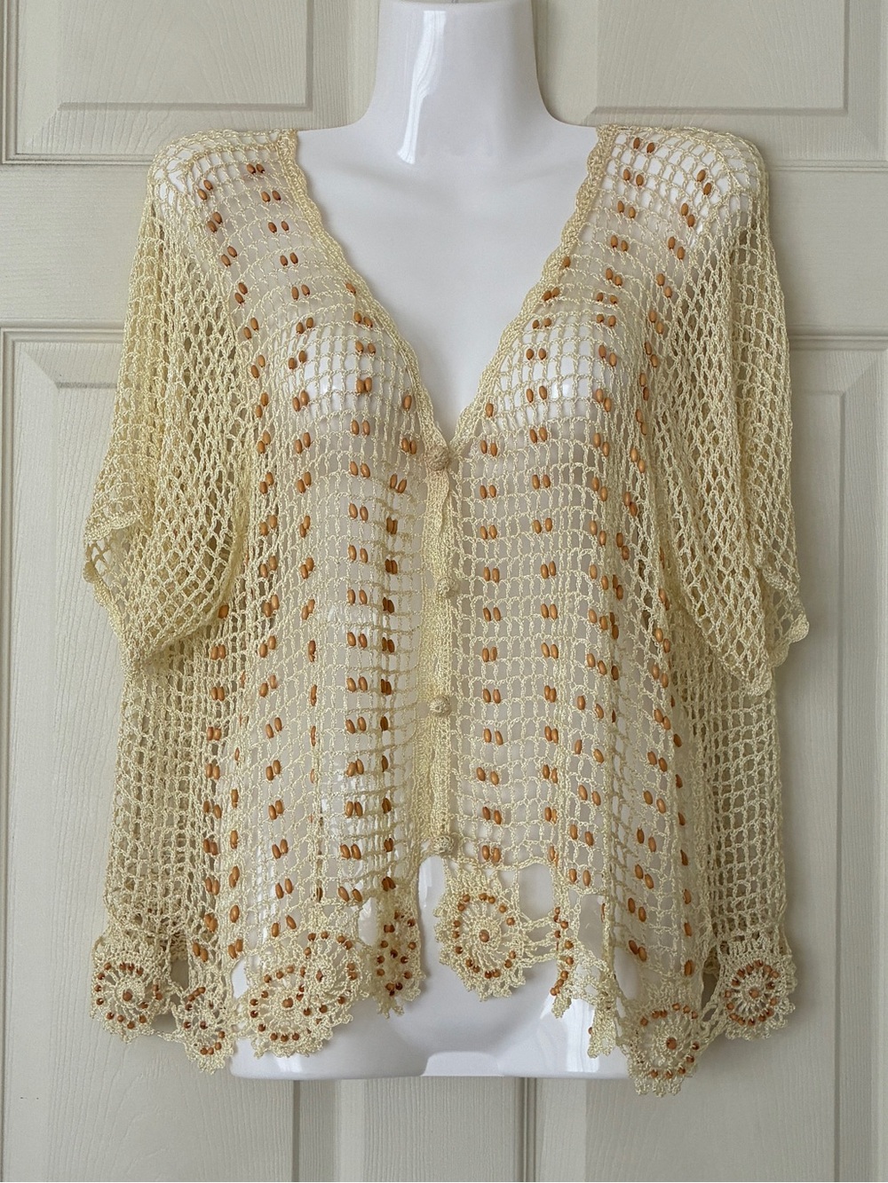 Vintage Crochet Beaded Short Sleeve Jacket (See Description re Size)